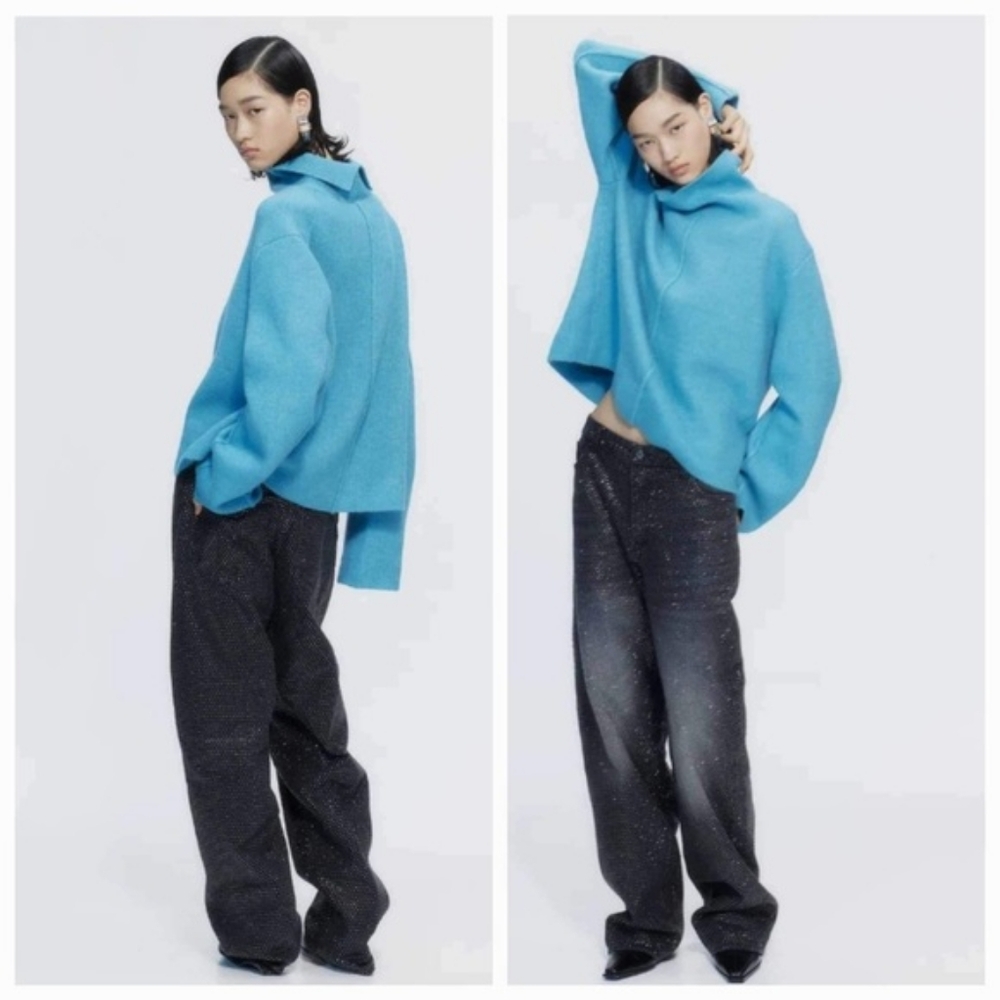 H&M Studio Collection AW 2023 Wool-blend high-collar jumper Sweater blue teal M